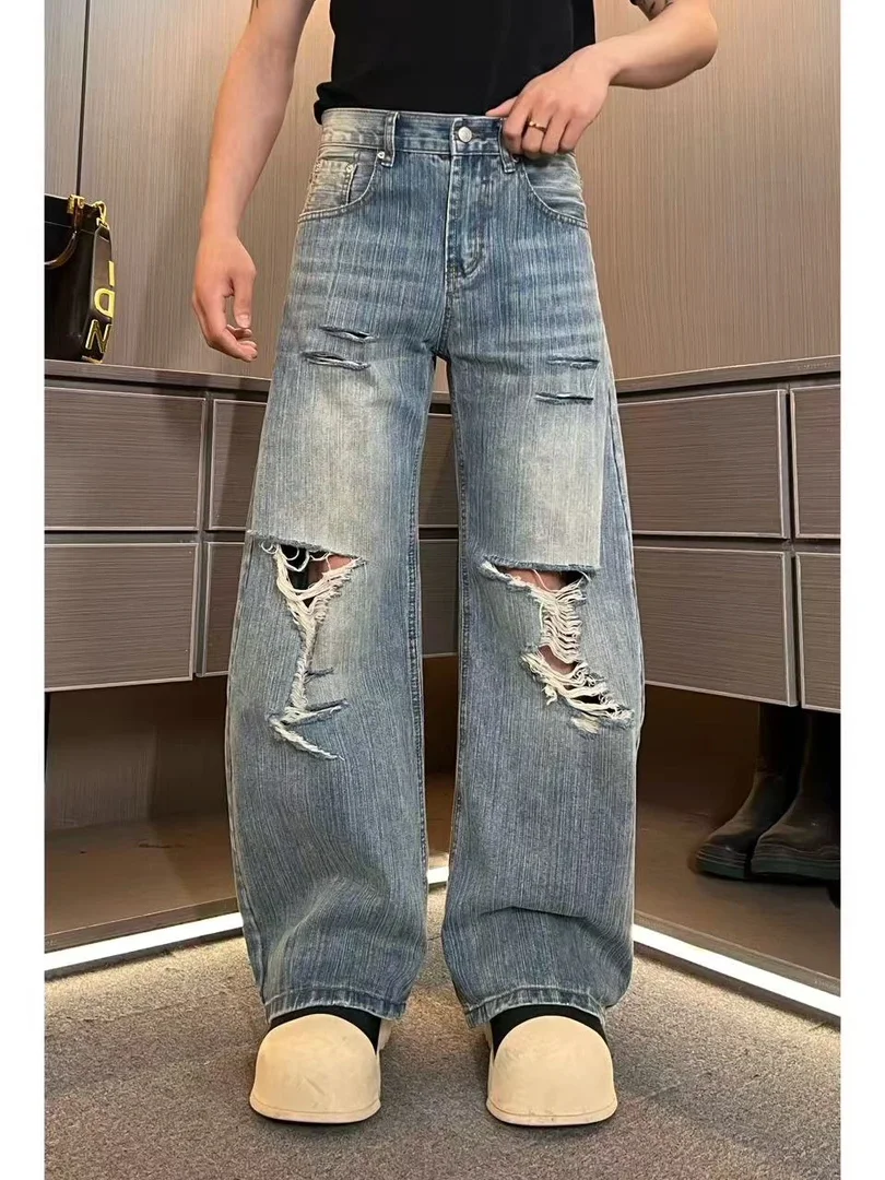 

Мужские джинсы в стиле ретро, свободные прямые брюки из денима с эффектом потертости, с дырками, свободного кроя, для повседневной носки