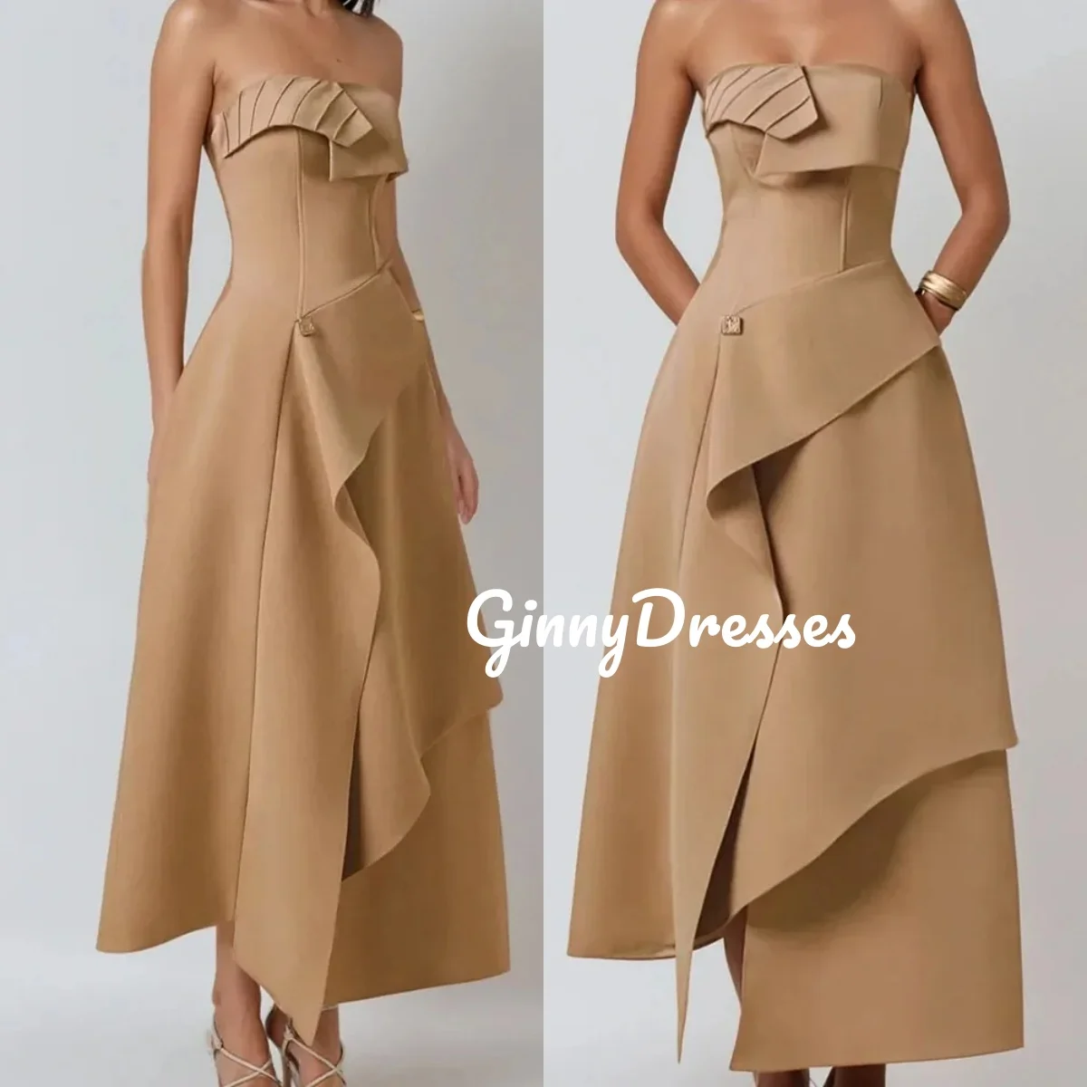 

A-Line Ruffle Camel Luxury Evening Dresses Strapless Floor-Length Vestidos De Fiesta Zipper Up Sleeveless Prom Dress Women