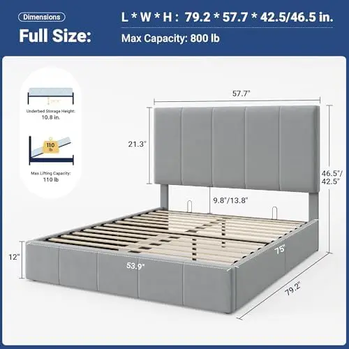 Full Size Velvet Lift Up Hydrualic Storage Bed Frame, Grey | Vertical Channel Tufted Headboard, Hydrualic Underneath