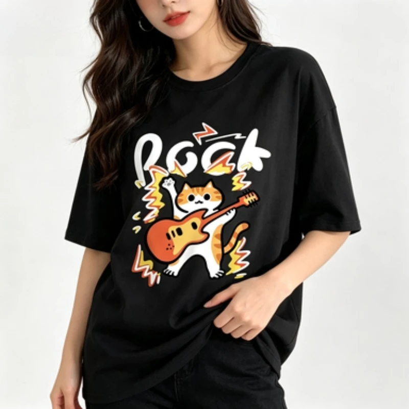 Rock Cat Guitar T-Shirt,  Playing Electric Guitar Music Graphic Tee, Casual Black White Top for Men Women