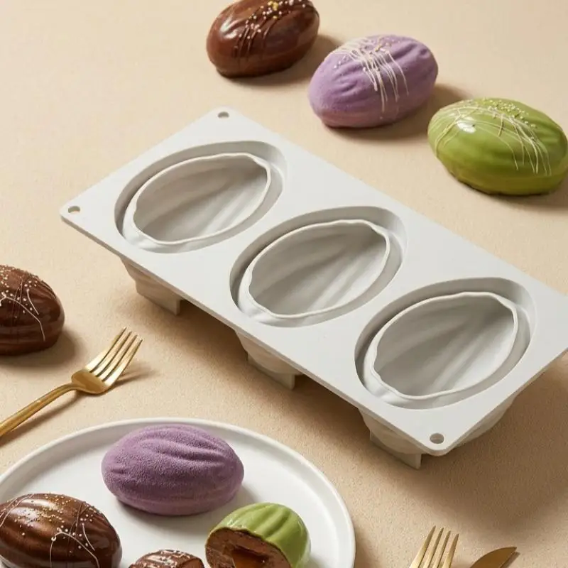 Molde de Silicona para Chocolate con Diseño de Almendra de 3 Cavidades, Molde para Pastel de Mousse Francés, Herramientas para Hornear Postres, Utensilios de Cocina de Silicona