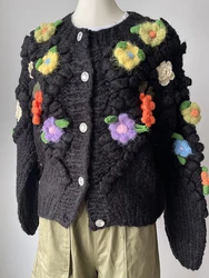 Handmade Chunky Floral Bubble Cardigan 2024 Winter Women Sweater Jumper Warm Outwear