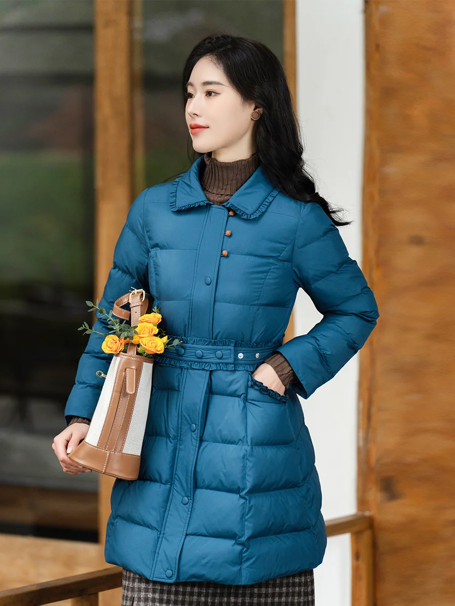 

Синее пальто с кружевной отделкой, женское, оригинальное, мягкое, средней длины, на хлопковой подкладке, для зимних поездок на работу, в художественном стиле