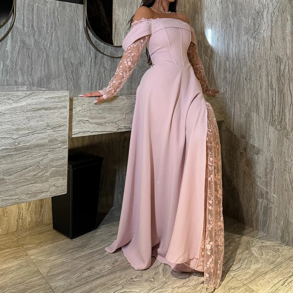 

Elegant Appliques Pleats Organza Strapless Off the Shoulder Long Sleeves Evening Dresses Luxury A-Line Party Gowns فساتين سهرة