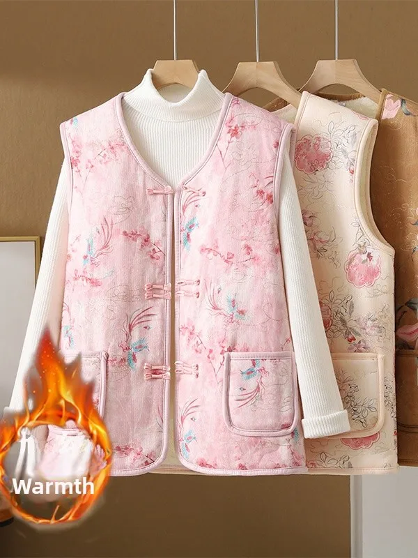 Colete feminino forrado com fce, quente, botão, artístico, retrô, estampa floral, v-ne, roupa externa interna