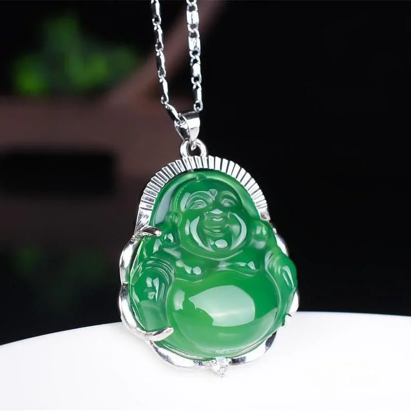 

925 Silver Natural Chalcedony Green Jade Agate Buddha Pendant Necklace Fashion Charm Jewelry Amulet Gifts Women Sweater Chain