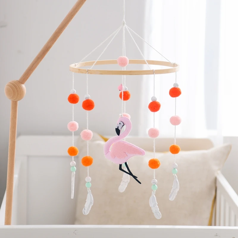 Baby Wooden Mobile Musical Bed Bell Hanging Toy 0-12Month Felt Flamingo Doll Toy Newborn Comfort Bed Bell Bracket Toys Baby Gift