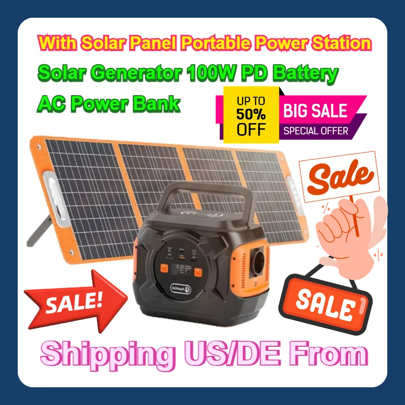 With Solar Panel Portable Power Station 292Wh/80000mAh Solar Generator 100W PD Battery AC Power Bank 100W 18V A301 230V 320W