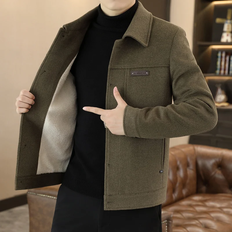Winter Autumne Men Lambswool Blend Jacket Thick Thermal Fleece Lining Coats Turn Down Collar  Grey Khaki Tangerine Sizes 170-190