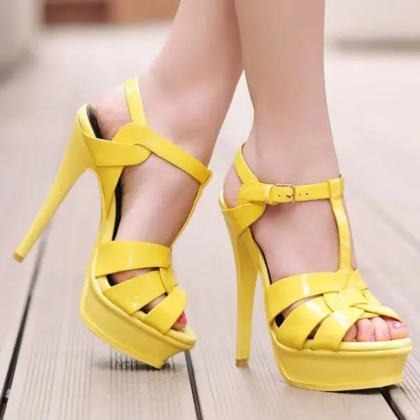summer hot sale woman candy color patent leather T strap buckle high platform 14CM high heel sandal real photos customize make