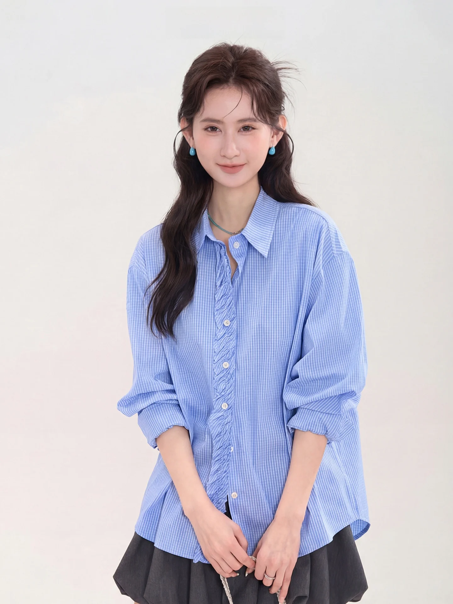 

Casual Plaid Long Sleeve Shirt Women's Spring Fashion Floral Trim Cotton Blend Comfortable Fit Business Casual Top