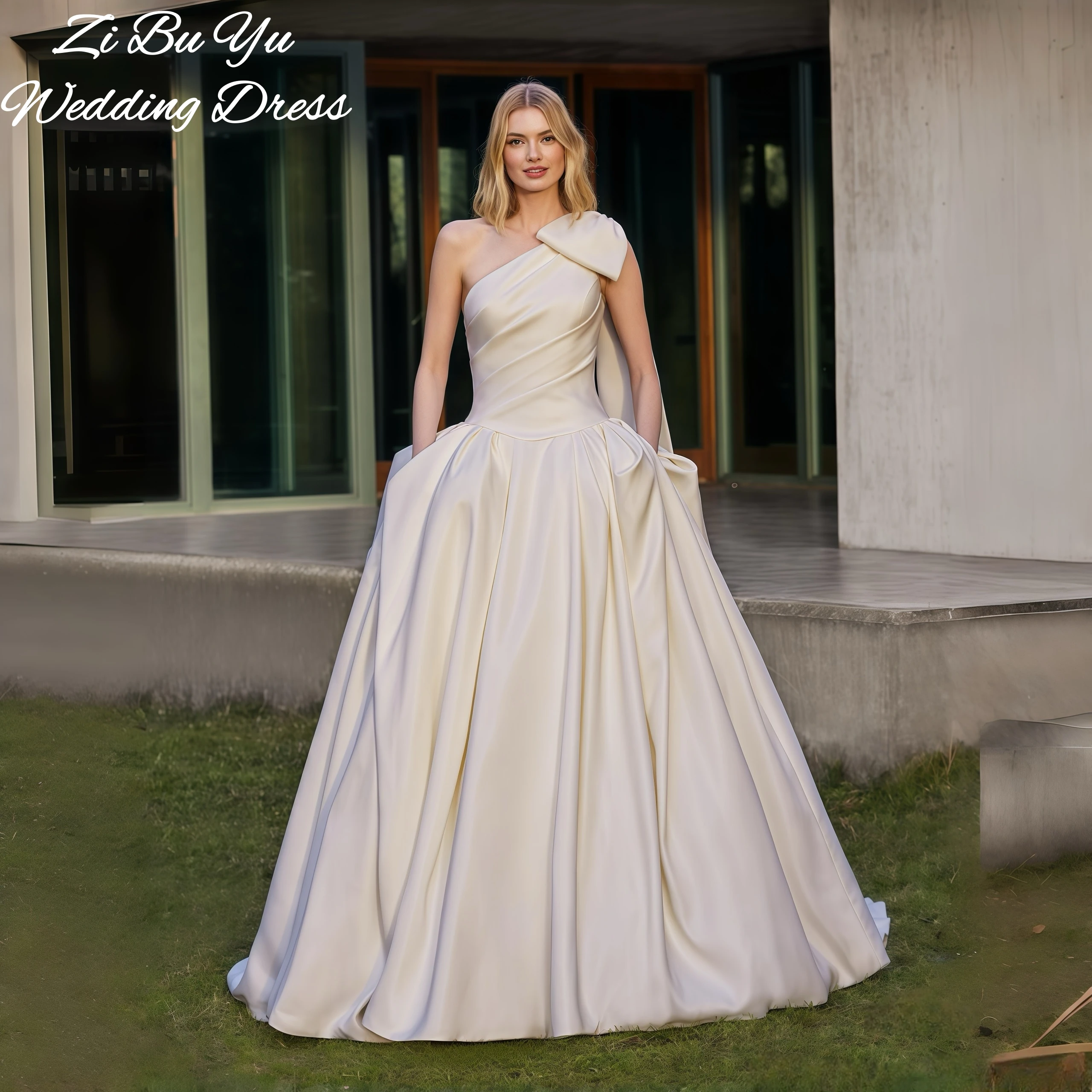 

ZIBUYU Customized Elegant Wedding Dress 2026 Sleeveless Open Back Floor Length One-Shoulder Satin Ball Gown Train Bridal Gowns