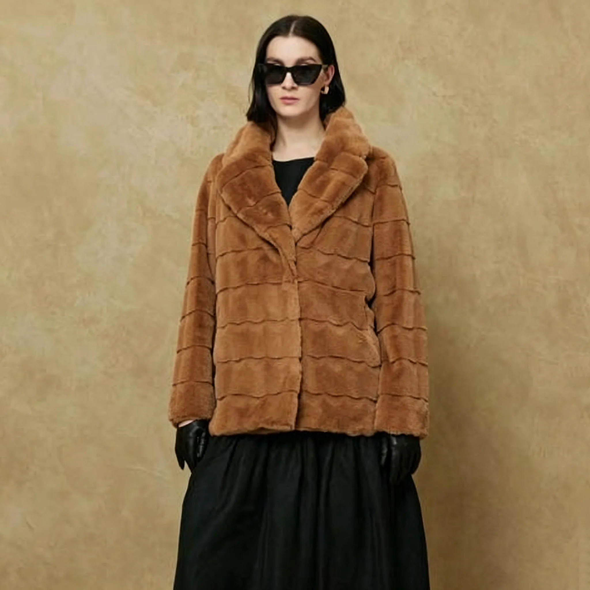 RU Women Faux Fur Coat Lapel Collar Horizontal Stripe Cut Loose Warm Outerwear For Autumn Winter Daily Elegant Street Outfit