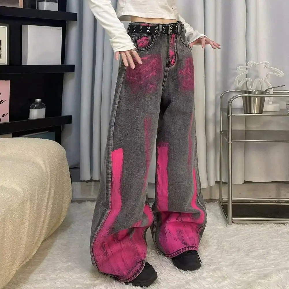 Zipper Button Placket Jeans Graffiti Print Pants Vintage Pink Graffiti Wide Leg Jeans with Zipper Button Closure Lady Trousers