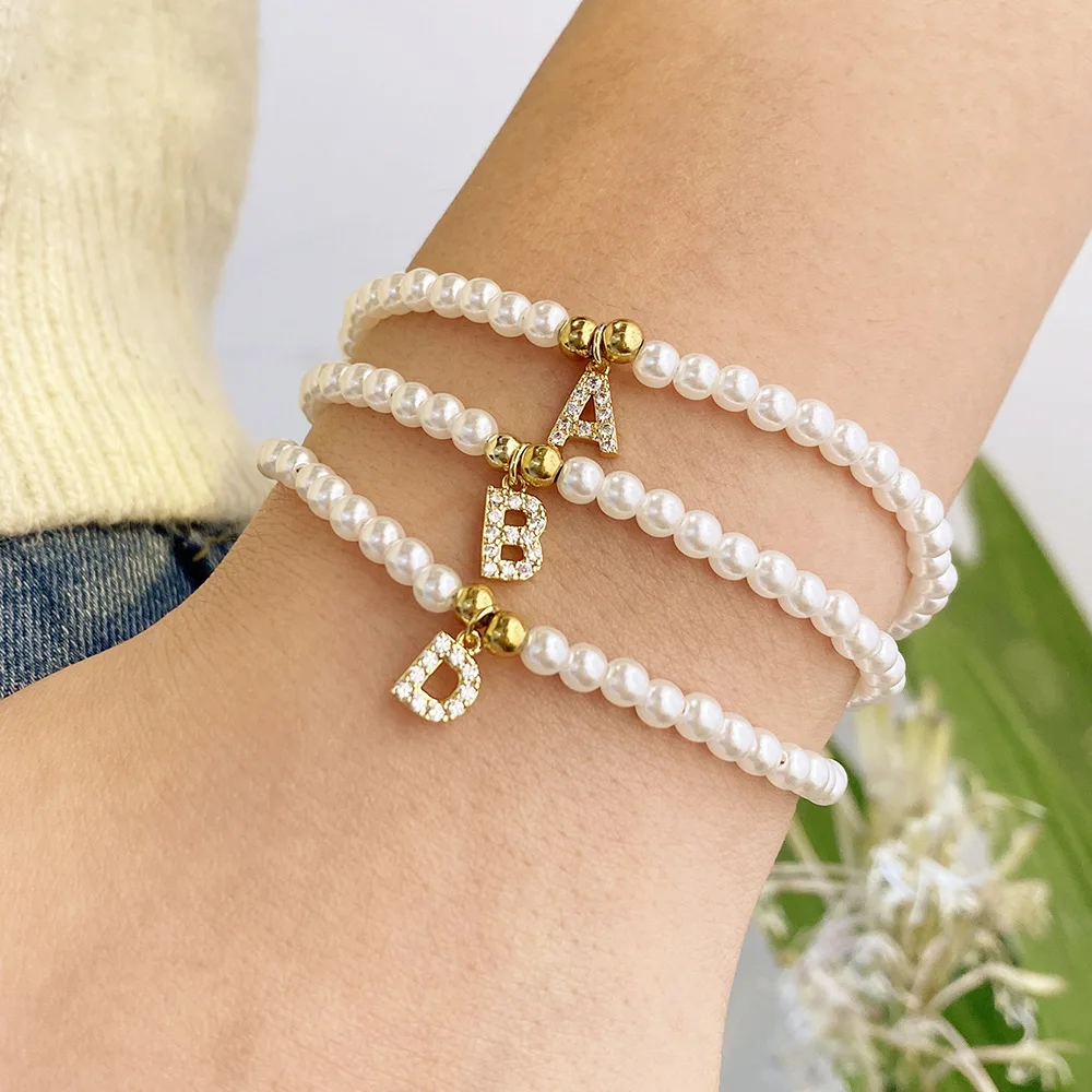 Yoiumit A-Z Alphabet Pearls Bead Letter Initial Name Bracelet for Women Girls Cubic Zirconia Stone Pendant Bracelets Jewelry