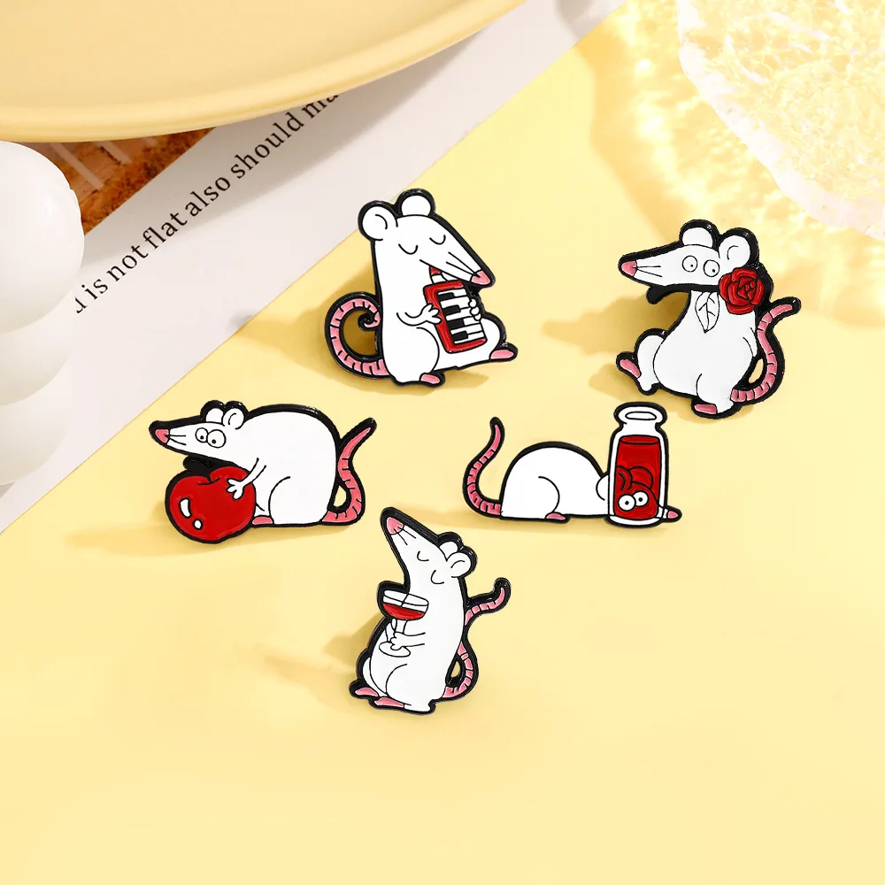 Cartoon White Rats Enamel Pins Custom Mouse Red Rose Apple Red Wine Animal Brooches Badge Lapel Jewelry Gift Friends Wholesale