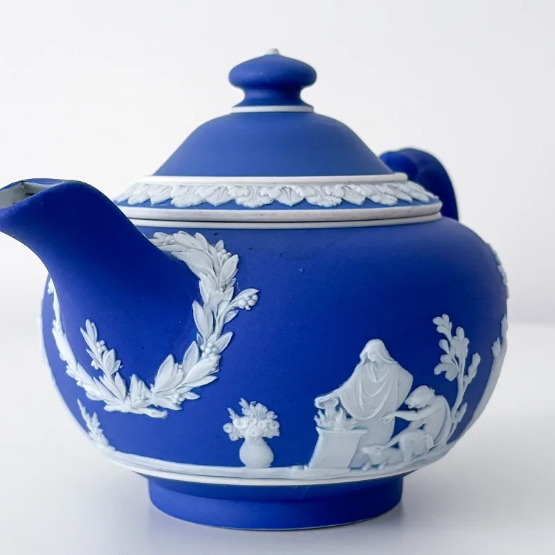 Rare color, British medieval relief dark blue ceramic teapot coffee pot