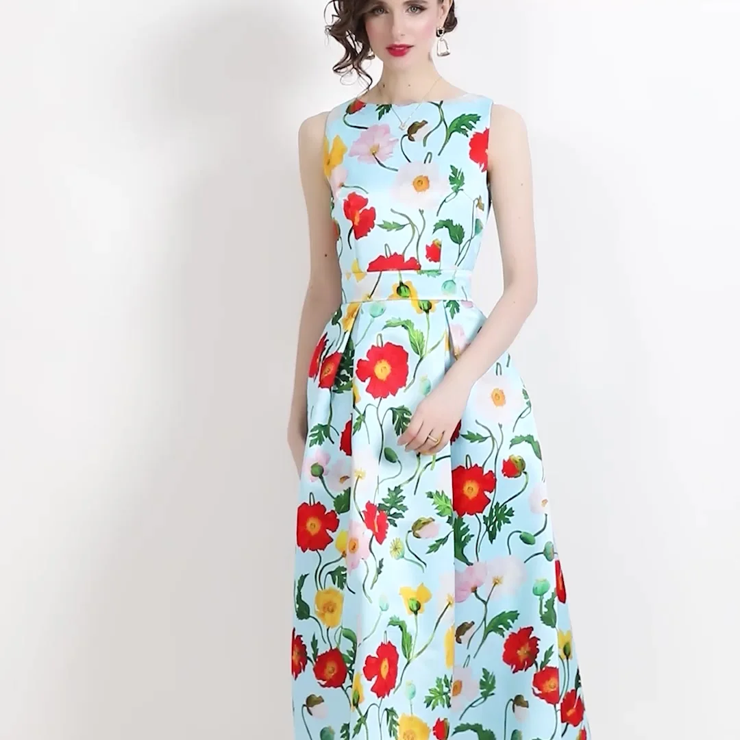 

2024 Summer Fashion Temperament Celebrity Catwalk Dress Colorful Long Skirt French British Style Big Flower Sleeveless Dress