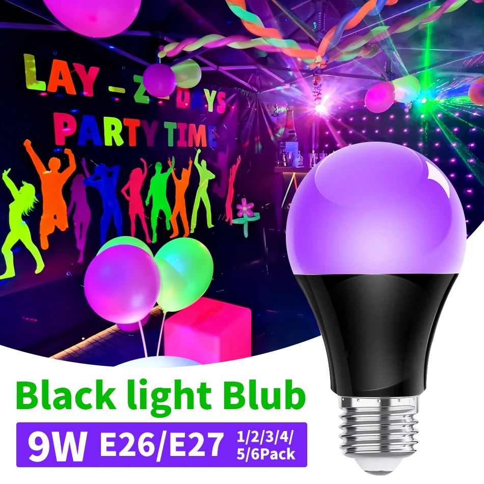 9W LED Black Light Bulbs, 85-265V E26/E27 Base Black Lights UVA Level 395nm, Glow in The Dark, Blacklights Party, Halloween