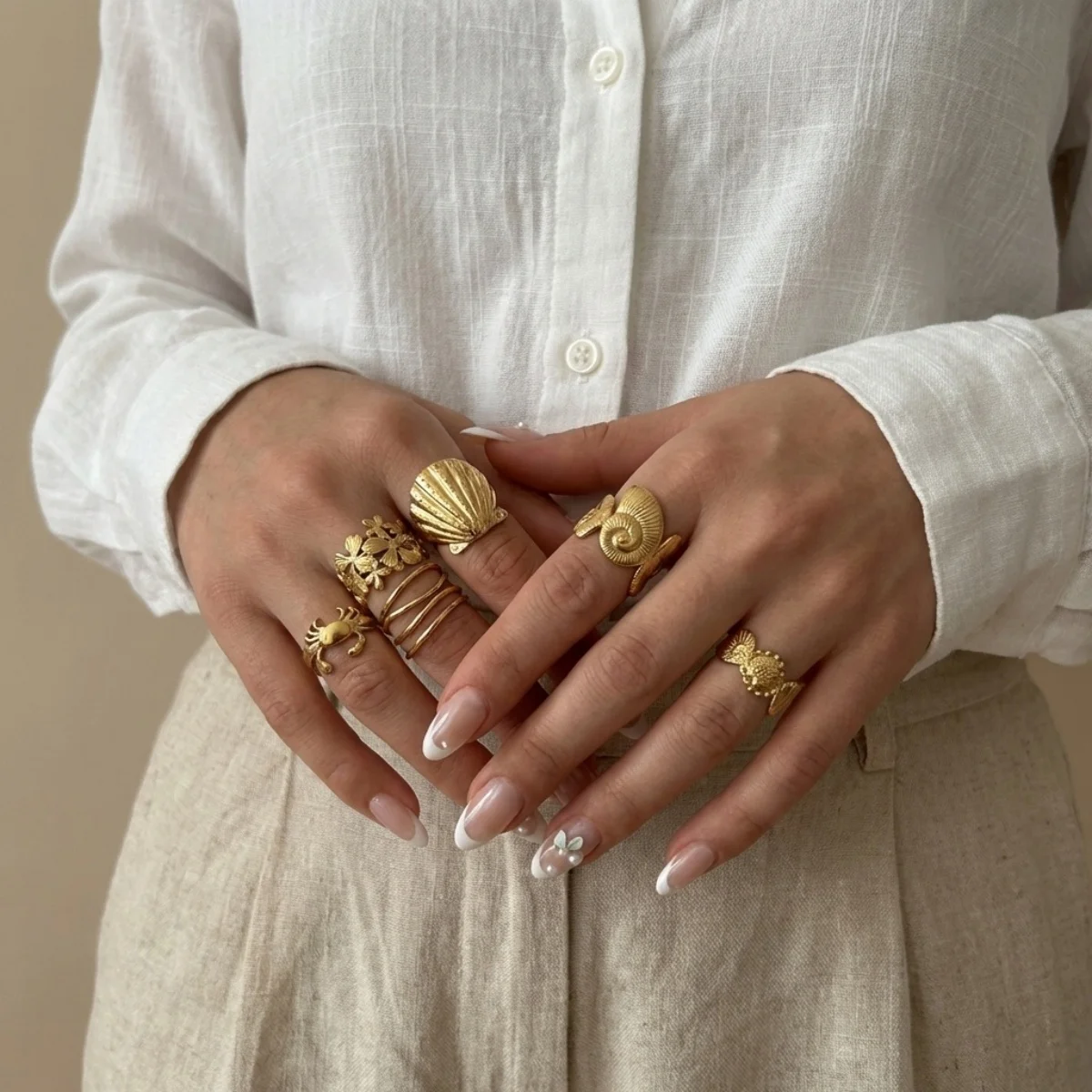 Edelstahlringe mit Muschel-, Krabben- und Blumenmotiven für Damen und Herren, Strand, Schmetterling, geometrischer Ring, Schmuck – Detail 13