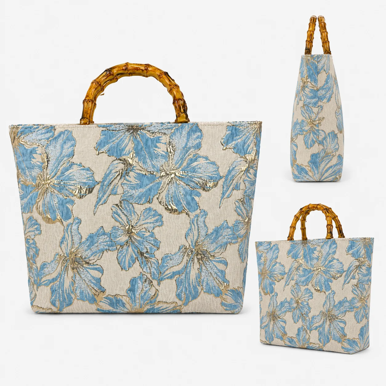Damen-Tragetasche mit Blumenmuster, Bambusgriff, große Kapazität, Strandhandtasche, lässige, leichte Umhängetasche – Detail 5