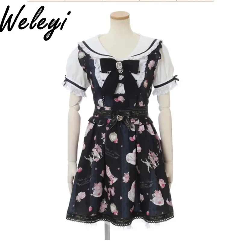 Kawaii Jirai Kei Rojita Dress Women's 2024 Spring and Summer Bow Sailor Collar Strawberry Cake Flower Handle Long Sleeve Dresses