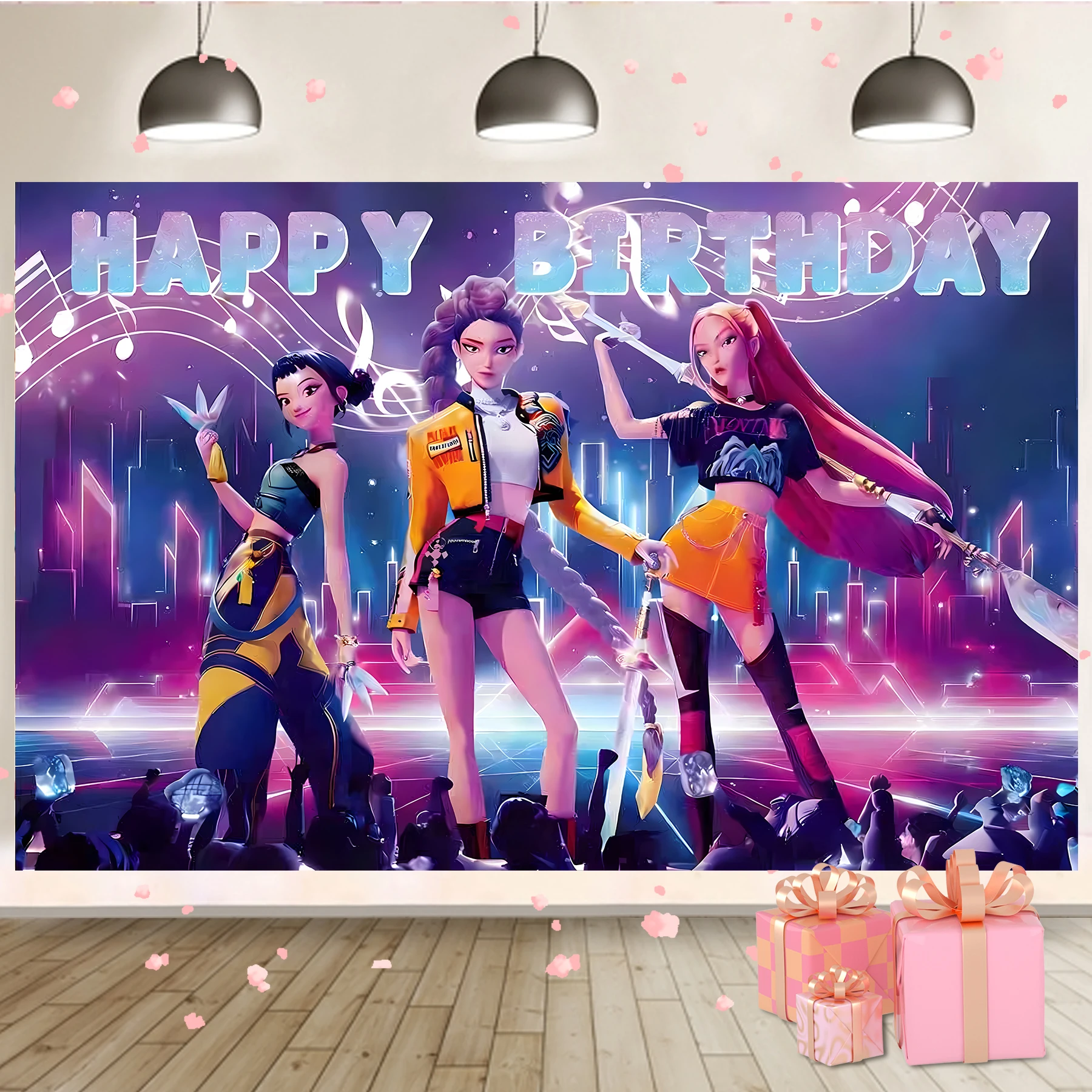 Toile de fond d'anniversaire inspirée du groupe féminin K/DA - Décor de fête musicale anime pour cabine photo, idéal pour les décorations d'anniversaire des filles