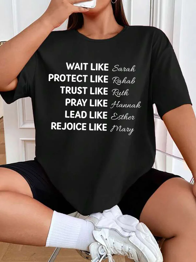 Wait Like Sarah Letter Print T Shirt Christian Women Bible Verse Graphic T-shirts Short Sleeve Religious Faith Tee Plus Size Top