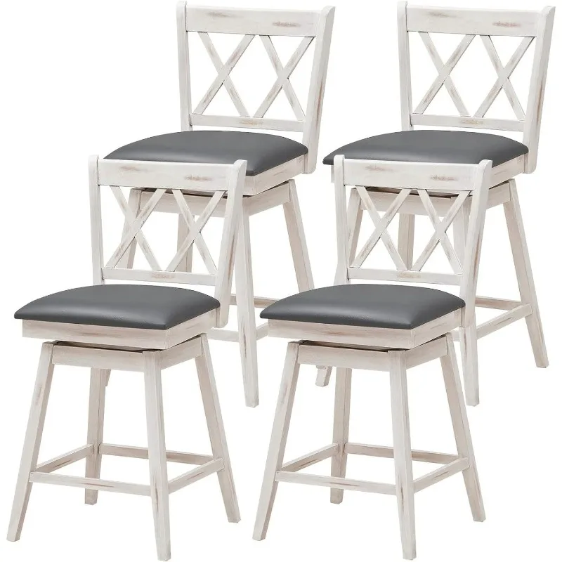 

25 Inch Wood Bar Stools Set of 4, 360° Swivel Barstools w/Backs, Upholstered Cushion & Footrest, Farmhouse Counter Heigh