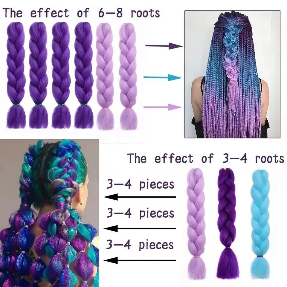 Synthetic 24inch Long Purple Braiding Hair Extensions for Braids Rumi Braiding Hair for Stage Party Cosplay, Multi-colored Braid