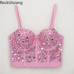 Mermaid Laser Style Pink Acrylic Diamond Bling Bling Corset Bras Push Up Crop Top Punk Bustier Goth Ballroom Costume Stage Party