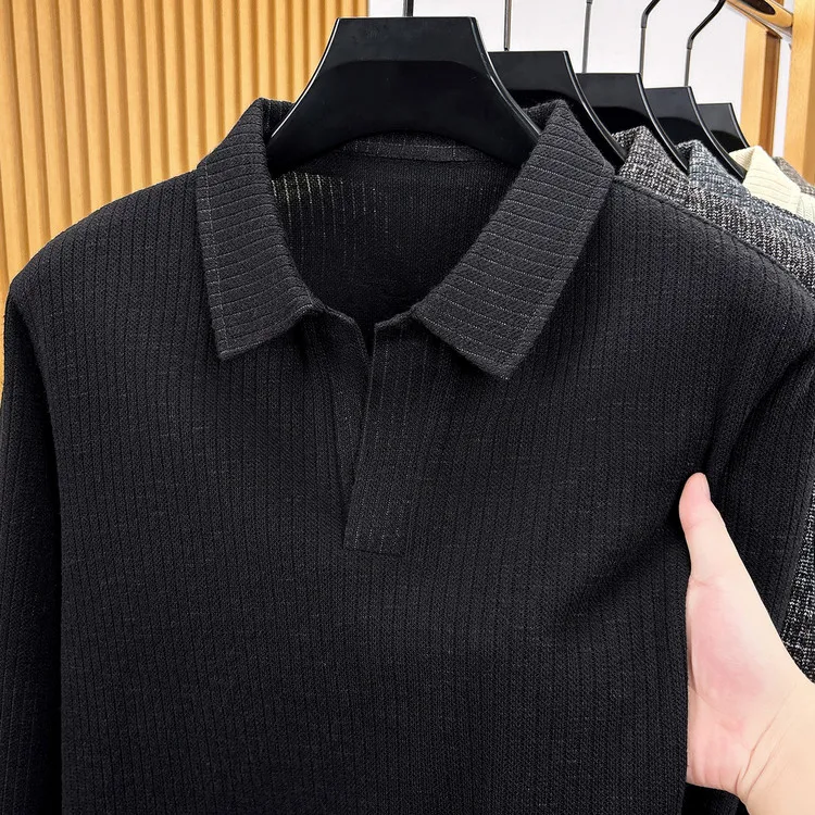 Herren-Polohemd mit Reverskragen, langärmelig, aus strukturiertem, geripptem Stoff, mit halber Knopfleiste, schmal geschnitten, weiches Strickoberteil, für den Alltag, lässige Herrenoberteile – Detail 7