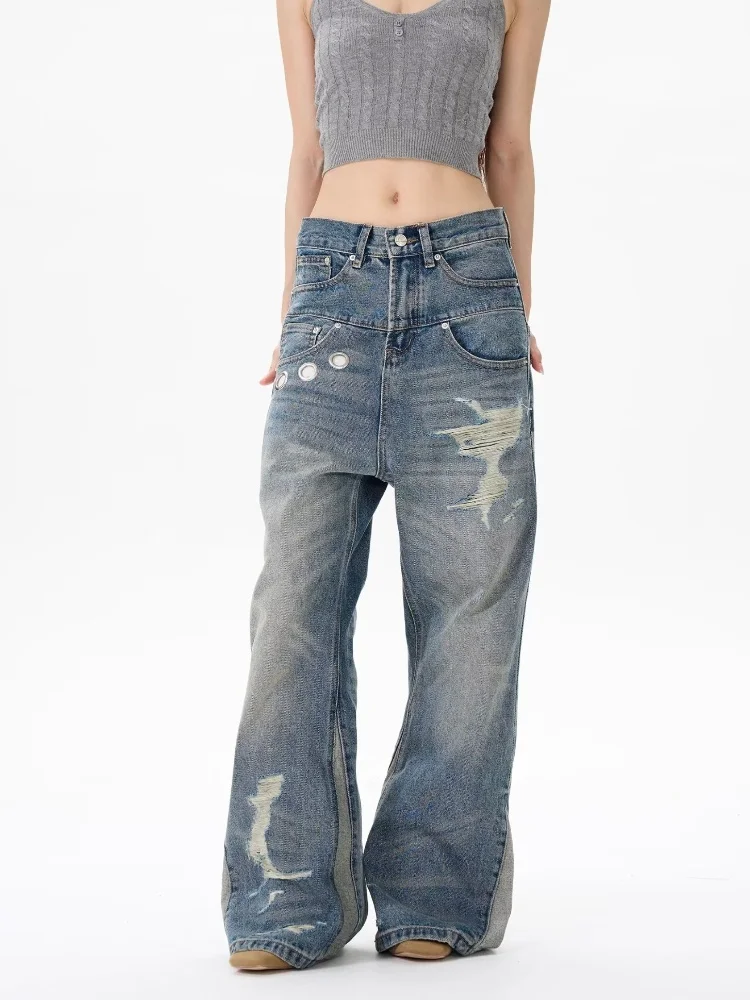 

Trashy Y2K 2000S Vintage Blue Patchwork Baggy Stacked Ripped Jeans Pants For Women Designers Clothes Casual Lady Denim Trousers