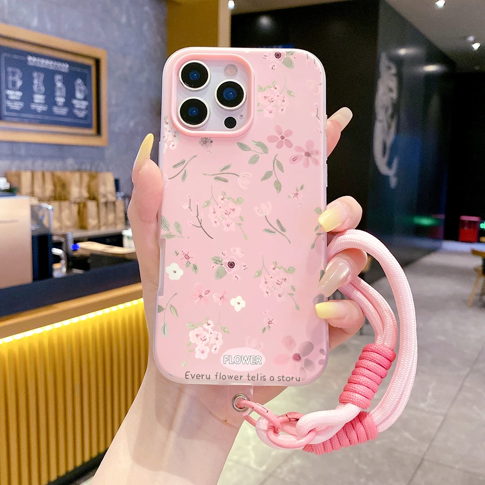 Wrist Strap 2 in 1 Phone Case For iPhoneXS XR X 7 817 11 13 12 14 15 16 Pro Max  Plus 17 Air Simple Flowers With Lanyard Cover - view 5