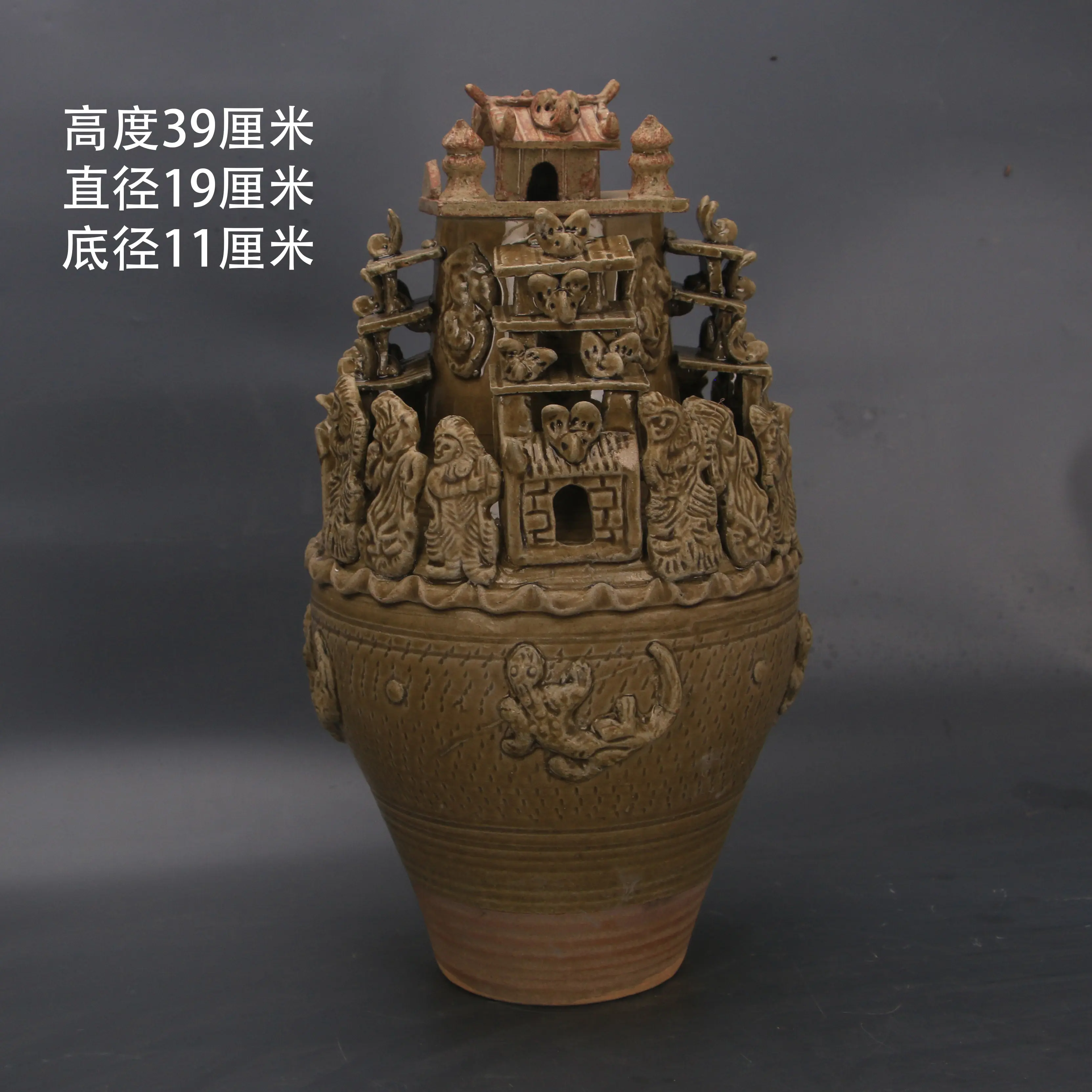 Song Dynasty Yue Kiln Celadon Relief Figure Large Granary Jar Replica Home Decor Collectible Gift