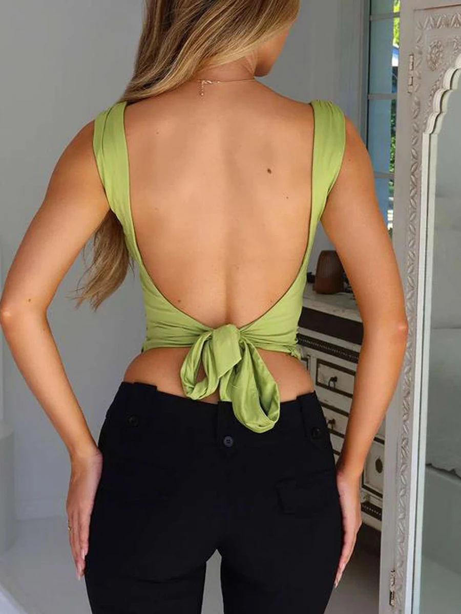 

Women Y2K Strappy V-Neck Camisoles Sleeveless Backless Tie-Up Tank Tops Summer Vests Tops Streetwear
