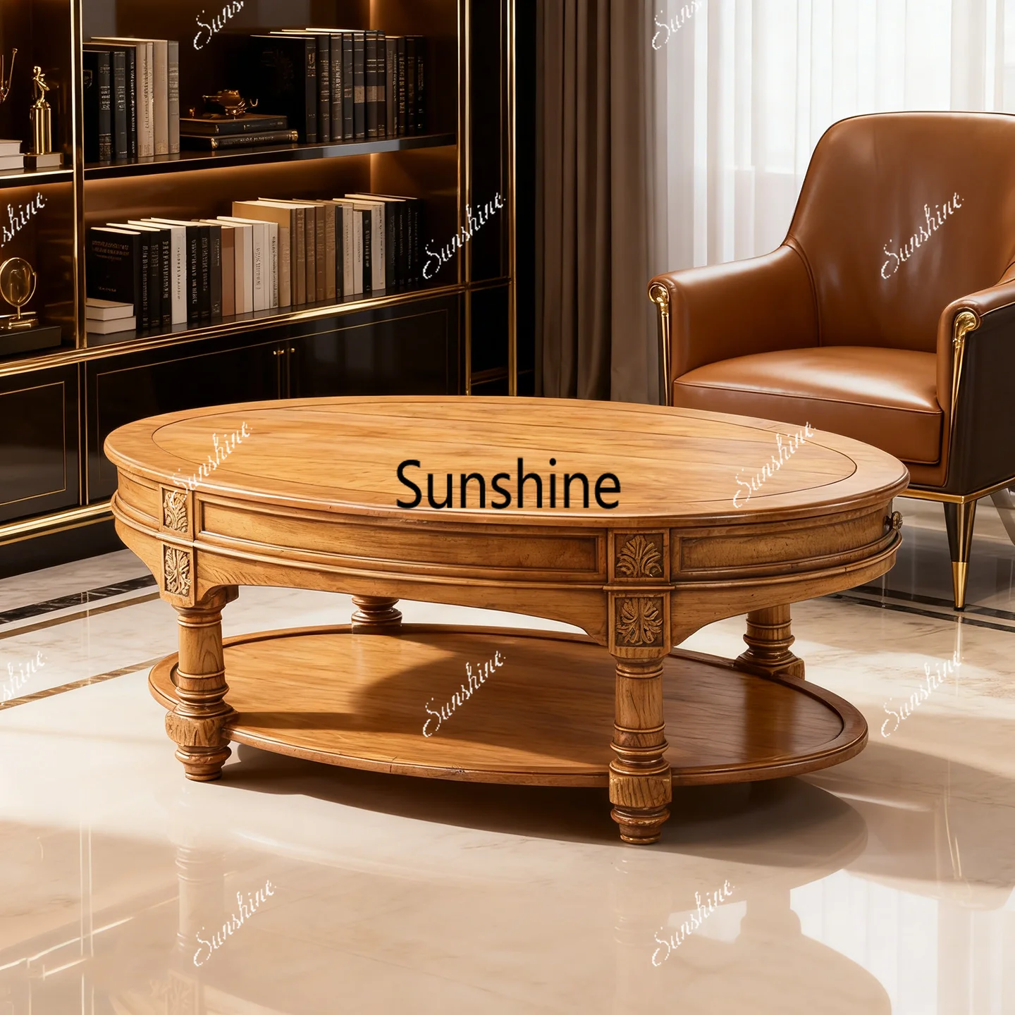 Solid wood oval coffee table French retro living room carved double coffee table