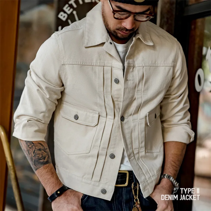 

White Denim Slim-fit Top Men Spring and Autumn New Coats Fashion Streetwear Single Breasted Vintage Casual Lapel Men's Clothing