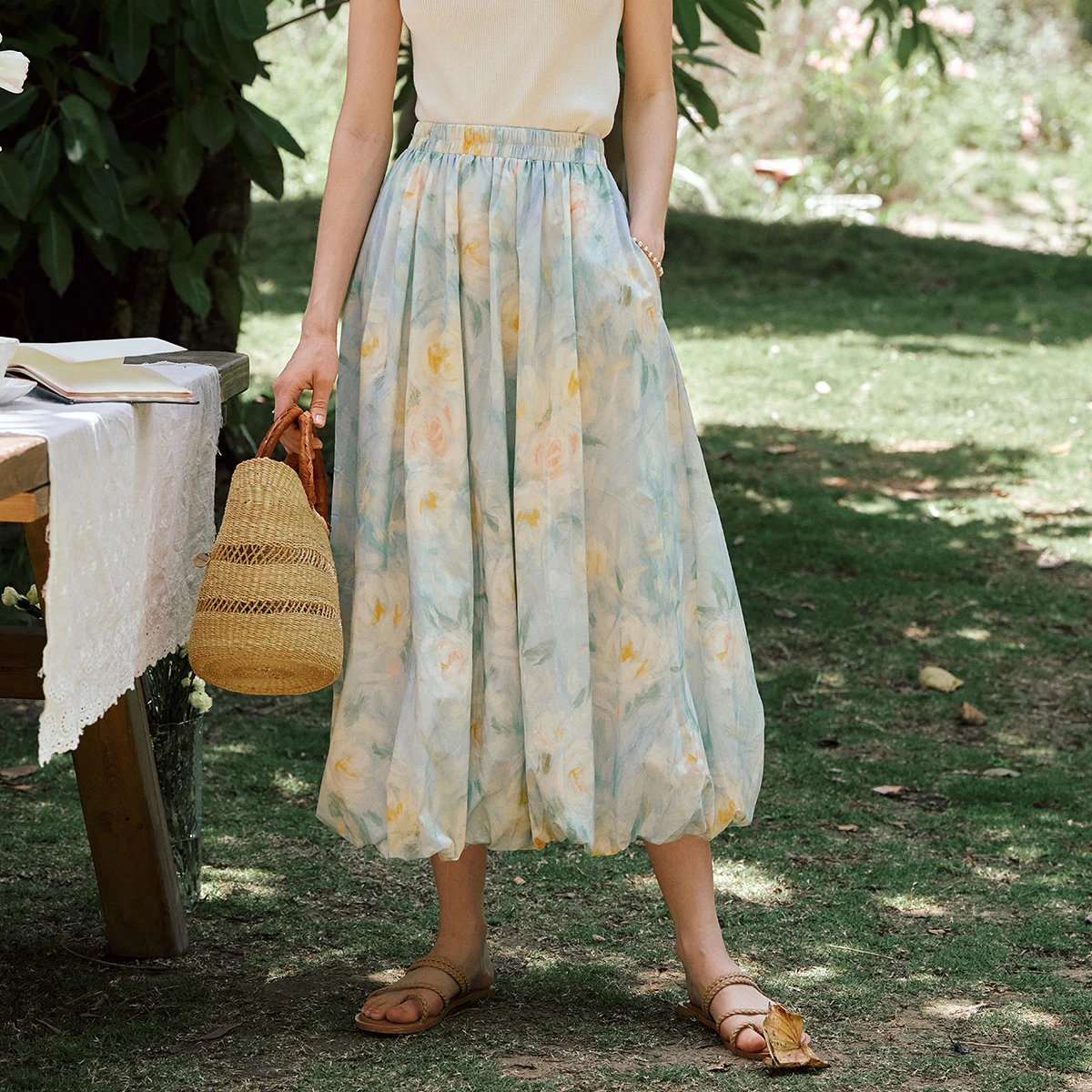 OLrain French Floral Printed Skirts for Woman 2025 Summer Elastic Waist Casual Blooming Midi Skirt Female Clothing O57XB99928