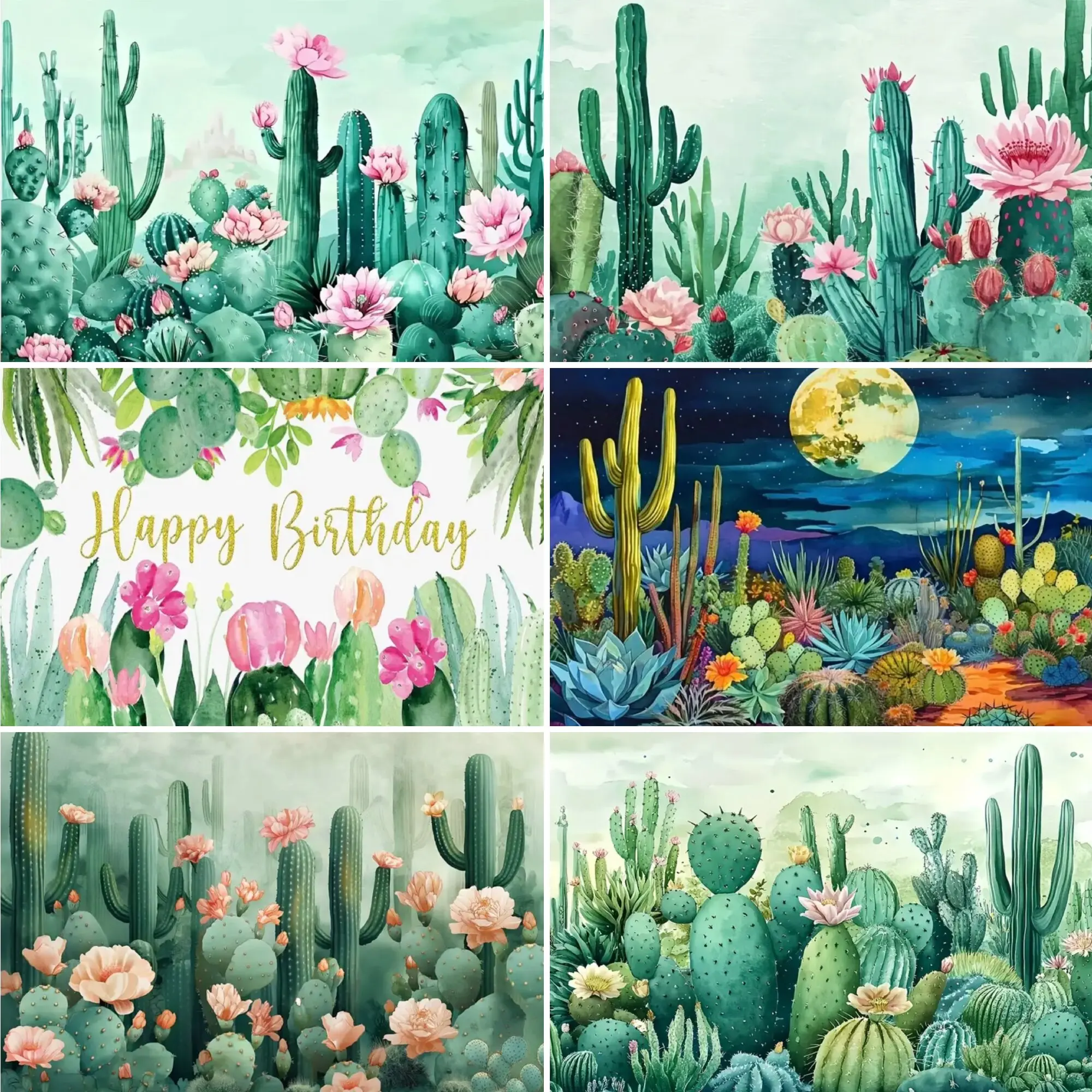 

Tropical green plants Mexican cactus flowers children's birthday party baby shower, outdoor decoration background banner Props