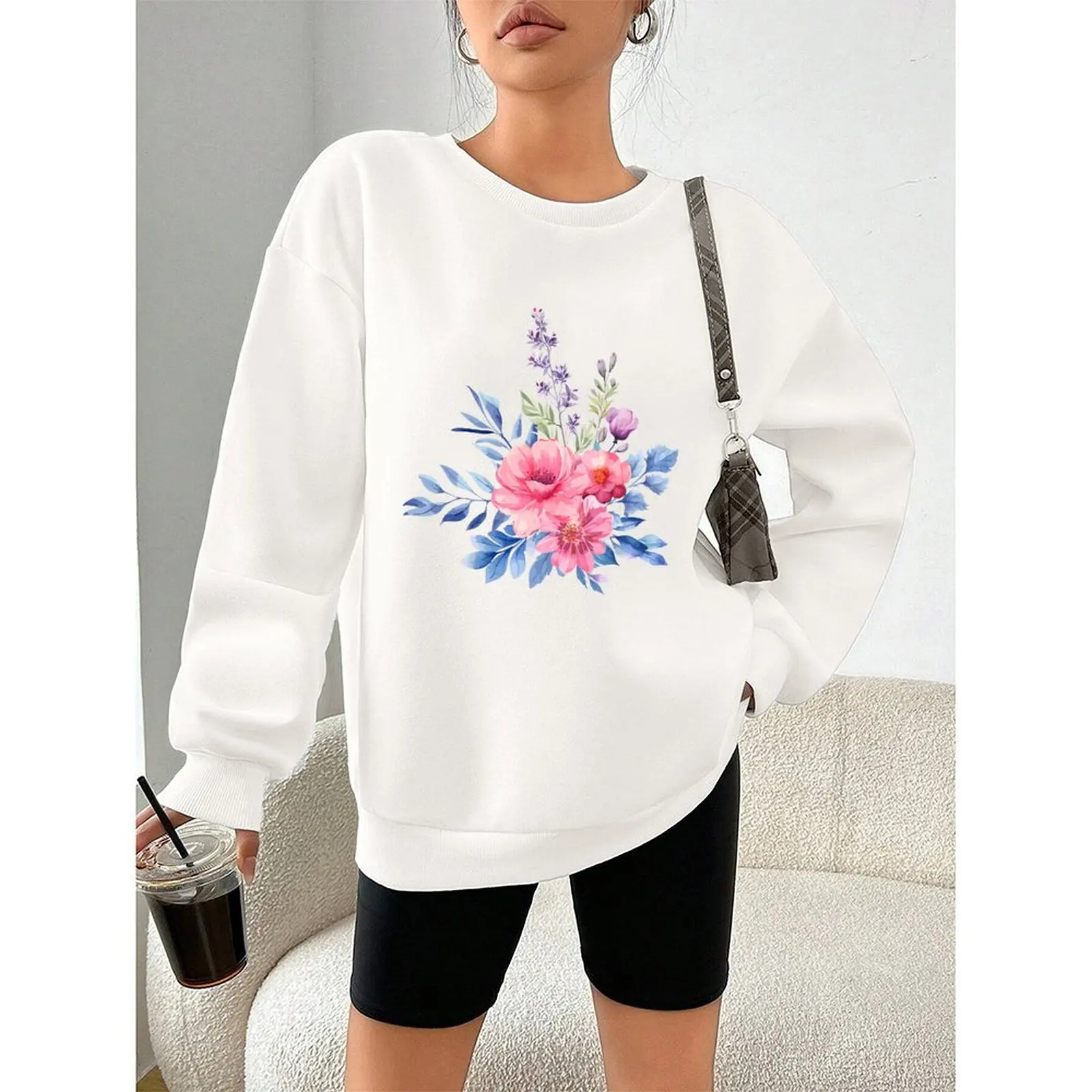 

Women's Round Neck Floral Long Sleeve Sweatshirt Winter Casual Printed Pattern Comfortable Pullovers Autumn Woman Clothes 2025