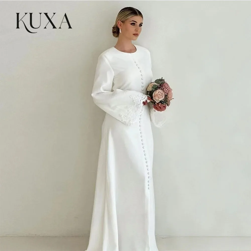 KUXA Elegante muslimische Brautkleider mit O-Ausschnitt, Knopfleiste, bodenlang, lange Ärmel, arabische Kuwait-formelle Brautkleider, maßgeschneidert 2026