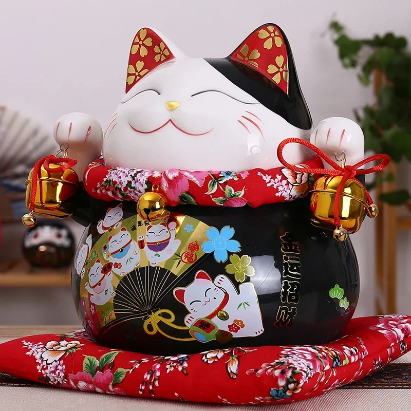 

10-дюймовый черный керамический орнамент Maneki Neko, копилка Lucky Cat, фигурка кота удачи, китайская статуя, копилка с колокольчиками