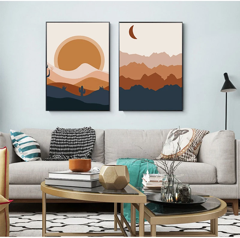 Abstract Boho Landscape Pictures Moon Sun Posters And Prints Vintage Wall Art Nordic Forest Canvas Painting For Bedroom Decor