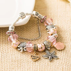 Dropshipping HOT Pink Crystal Heart Shell Charm Bracelet Silver Plated Turtle Starfish DIY Beaded Bracelets Casual Jewelry Gift