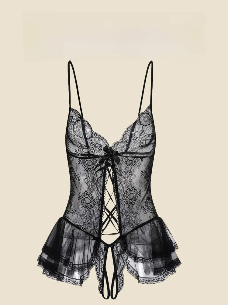 

Sexy Lace Hollow out Bridesmaid Dr Women's Bla Temptation Nightgown Che Underwear High Waist ort Pants Nylon Fabric