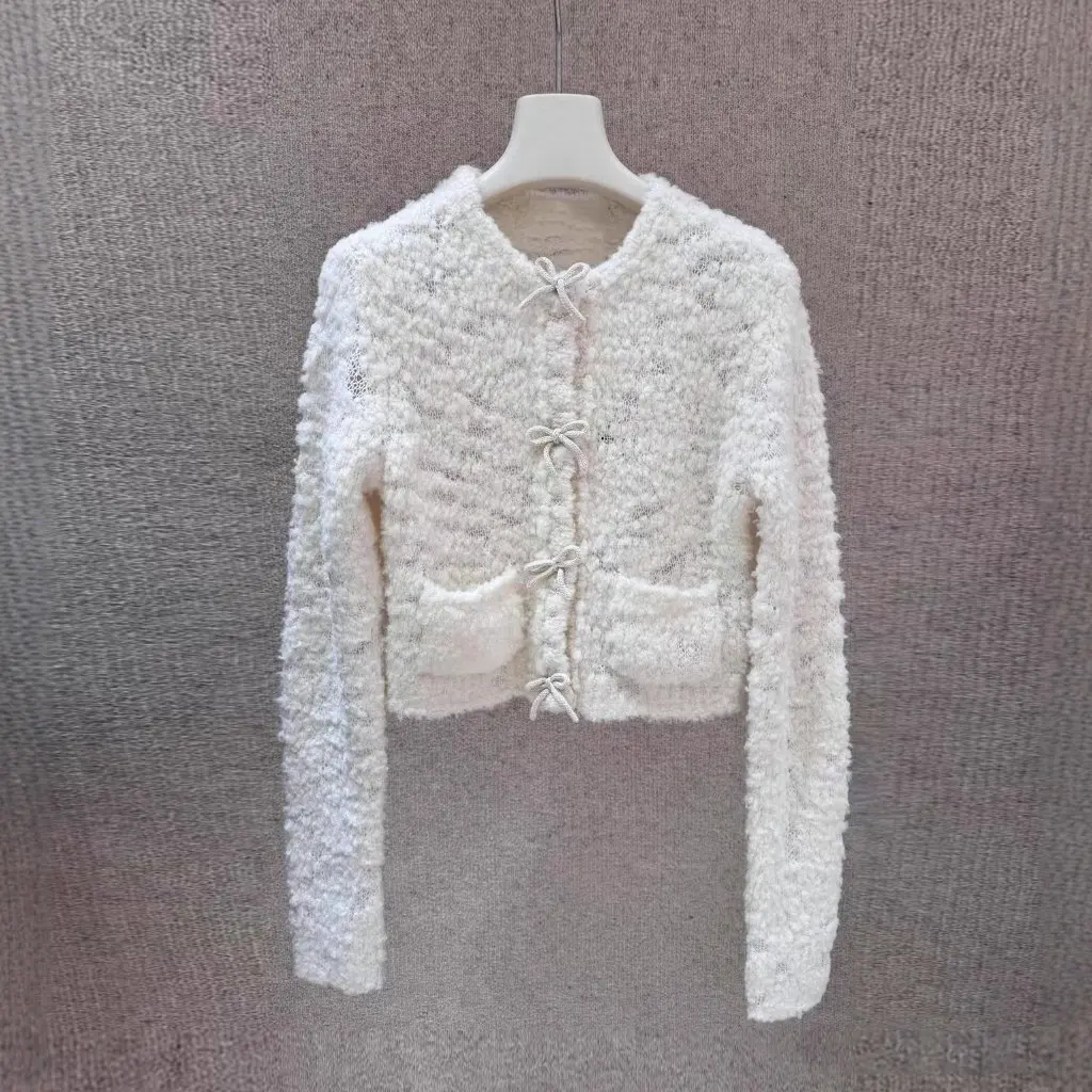 

Женский короткий вязаный кардиган, свитер, осенний новый стиль, шерстяной свитер с узлом-бабочкой, открытый передний свитер на пуговицах, верхняя одежда