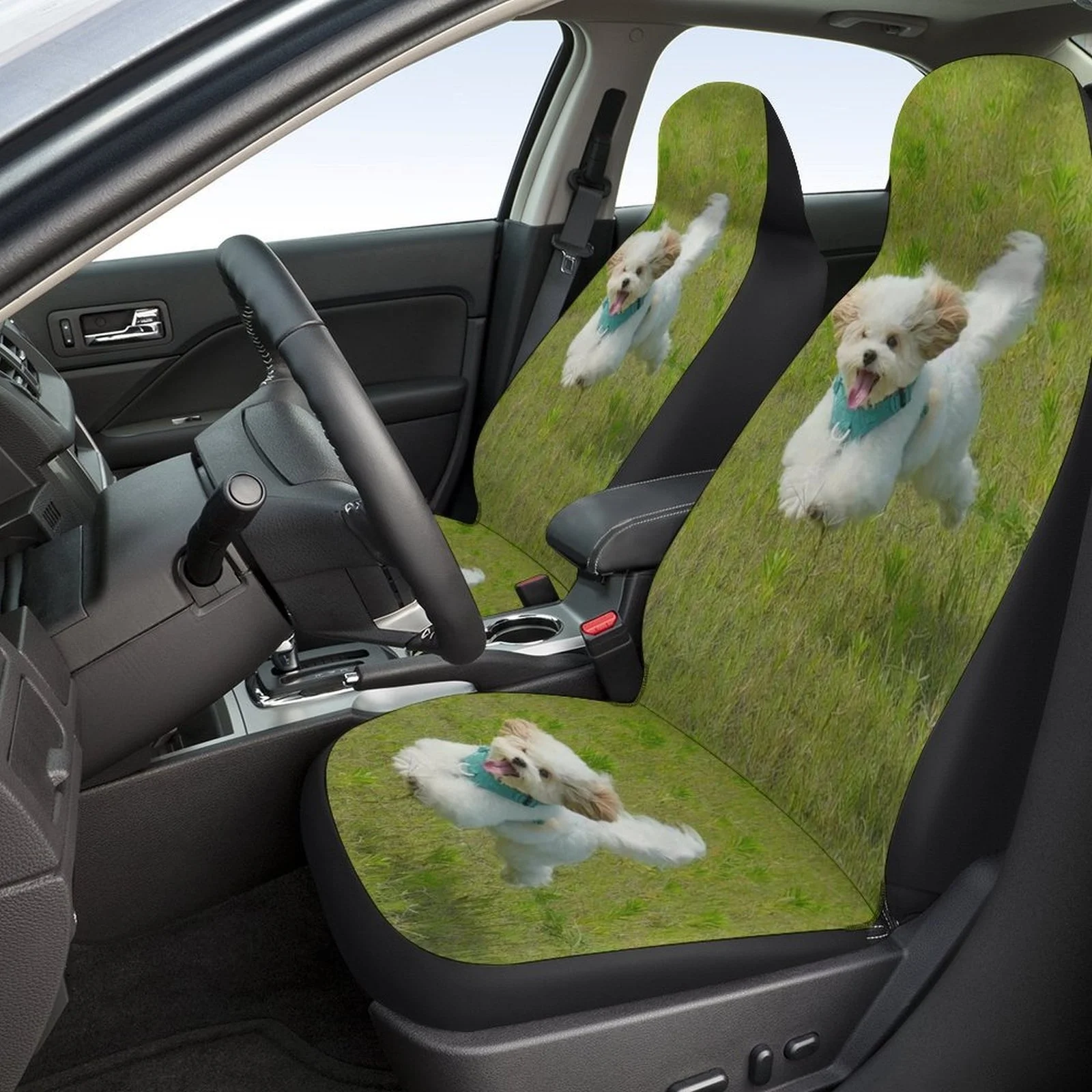

2pcs Fit Car Seat Covers - Breathable, Non-Slip Front Seats With Adorable Dogs Running On Grass Design, Nature-Inspired White In