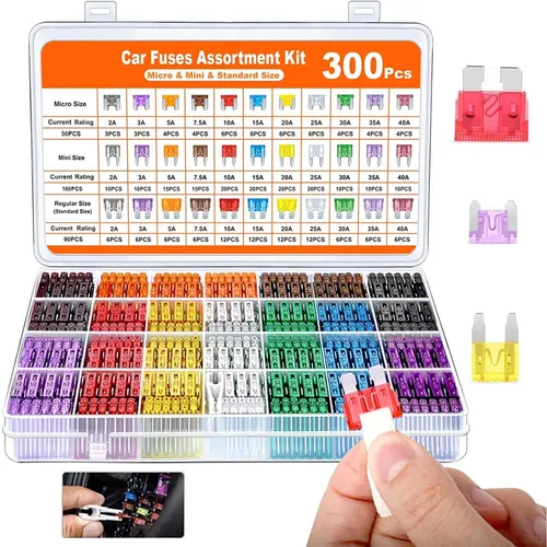 300 piezas de kit surtido de fusibles de cuchilla de coche, 160 mini fusibles de cuchilla, 50 microfusibles, 90 fusibles automáticos estándar para coches RVs camiones mot