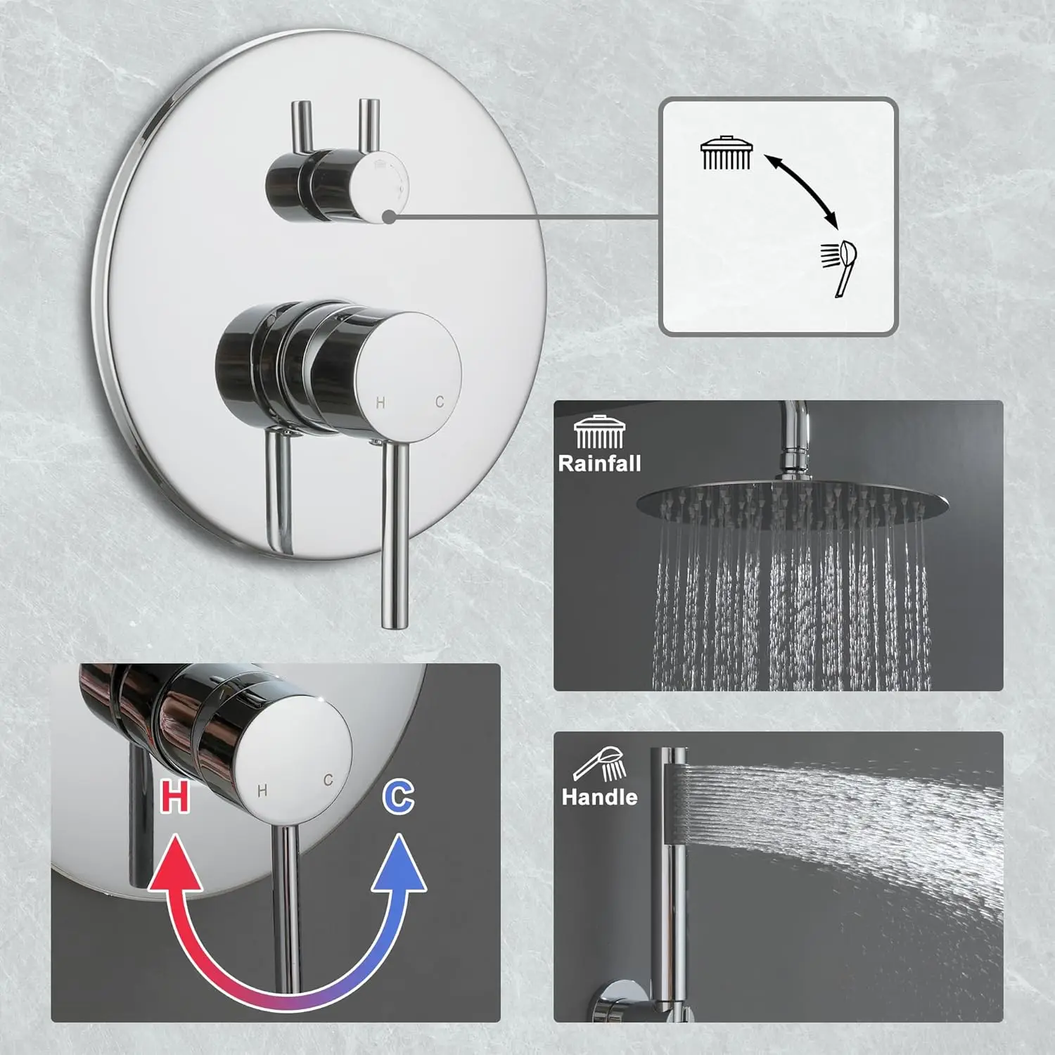 10 Inch Shower Faucet Set Chrome Round Shower System Luxury Rainfall Shower Head With Handheld Combo - Pressure Balance Valve